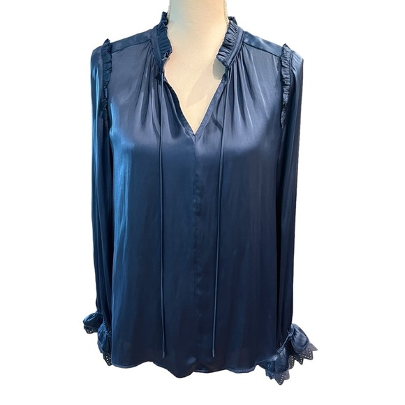 Current Air Lace Ruffle Cuff Split Neck Long Sleeve Blouse Blue Women’s Sz M NWT - Picture 1 of 12